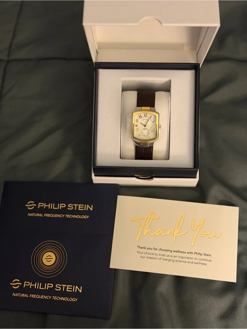 Philip Stein Gold-Tone Rectangular Watch with Brown Strap